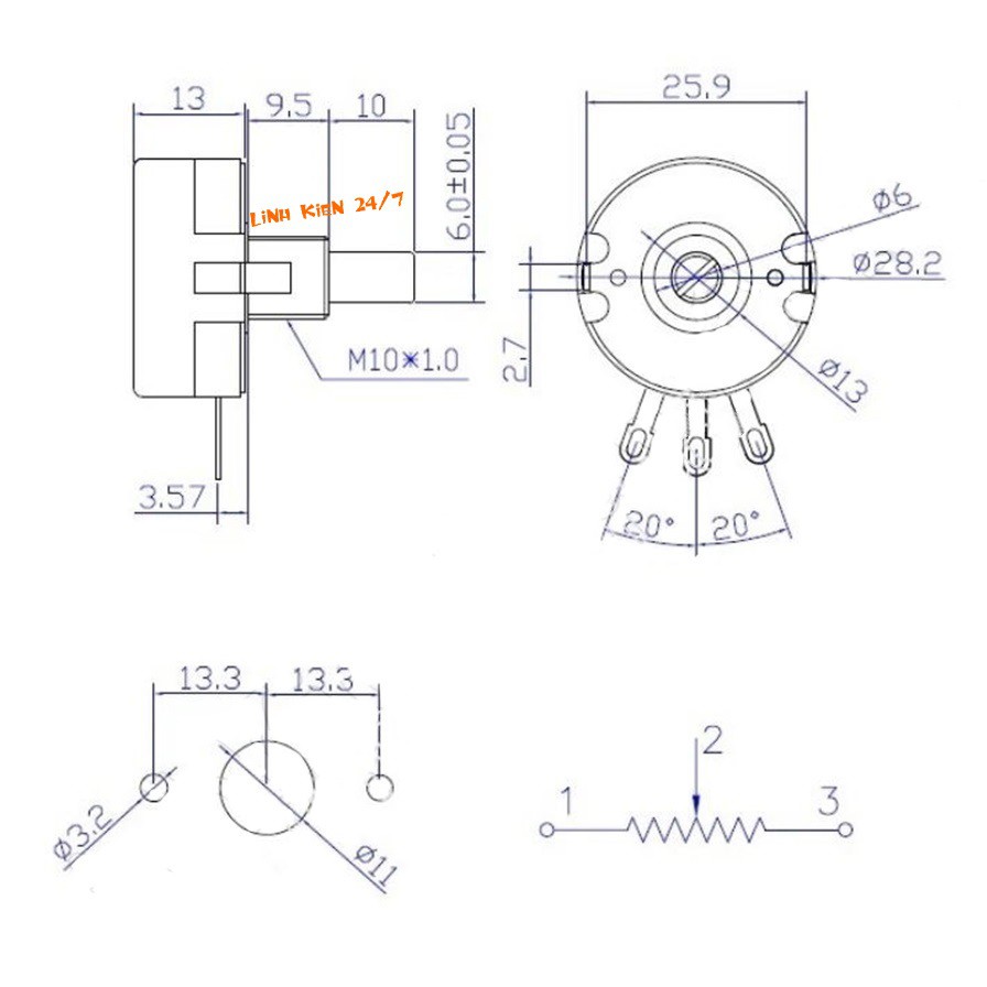 Chiết Áp Đơn WTH118 1K, 4.7K, 10K, 22K, 47K, 100K, 470K Ohm 2W