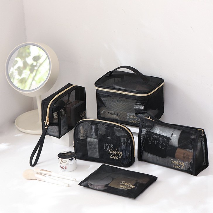 Set 5 Túi Lưới Đựng Đồ Trang Điểm Màu Đen Có Khóa Kéo Tiện Dụng