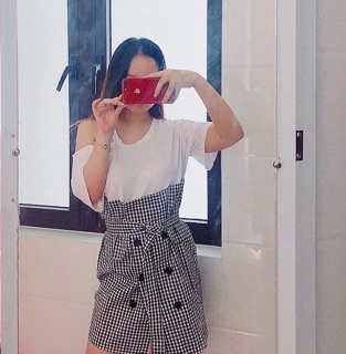 Set váy kẻ trễ vai