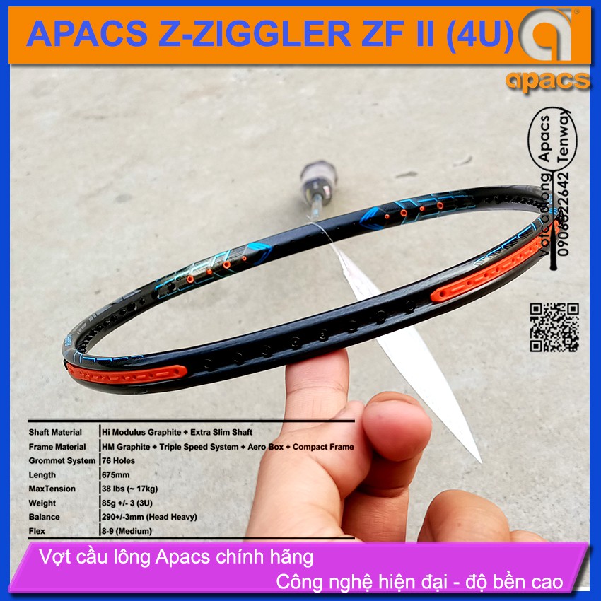 [Vợt cầu lông Apacs Z-Ziggler ZFII - 4U] Thân đũa 6.4mm chống cản gió, đen mạnh mẽ vân xanh nam tính