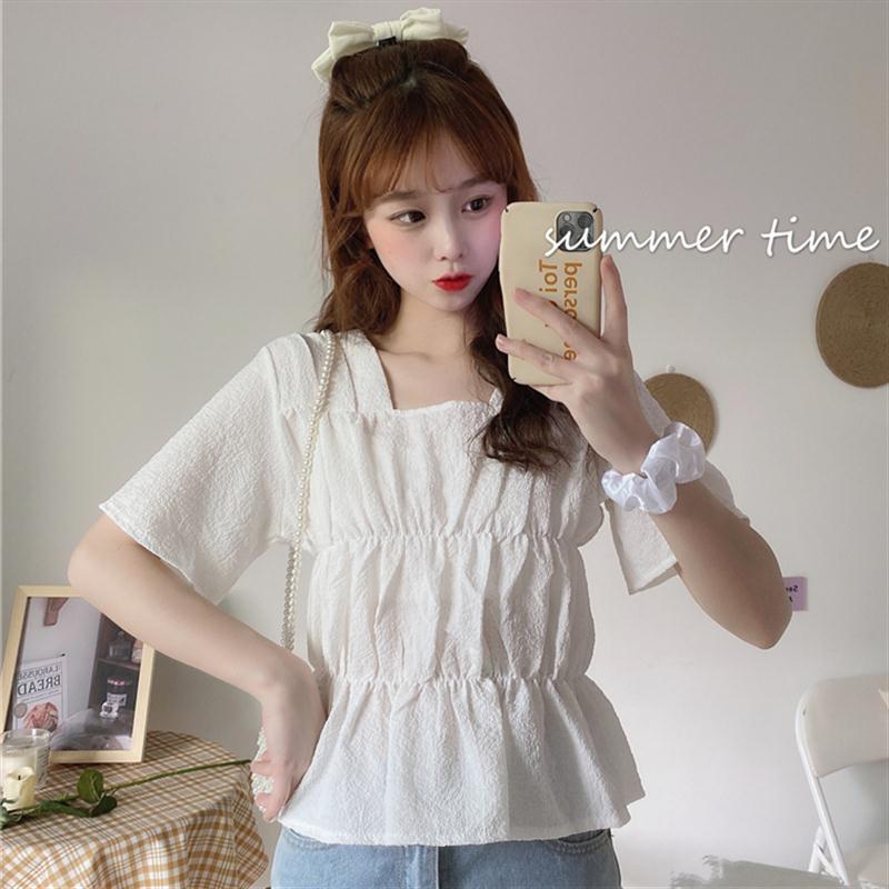 Áo Voan Ngắn Tay Cổ Vuông Xinh Xắn Theo Phong Cách Hàn Quốc 2021 Dành Cho Nữ