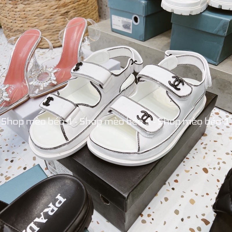 Sandal cn trắng viền kẻ quai dán ngang tag logo đế bằng fullbox