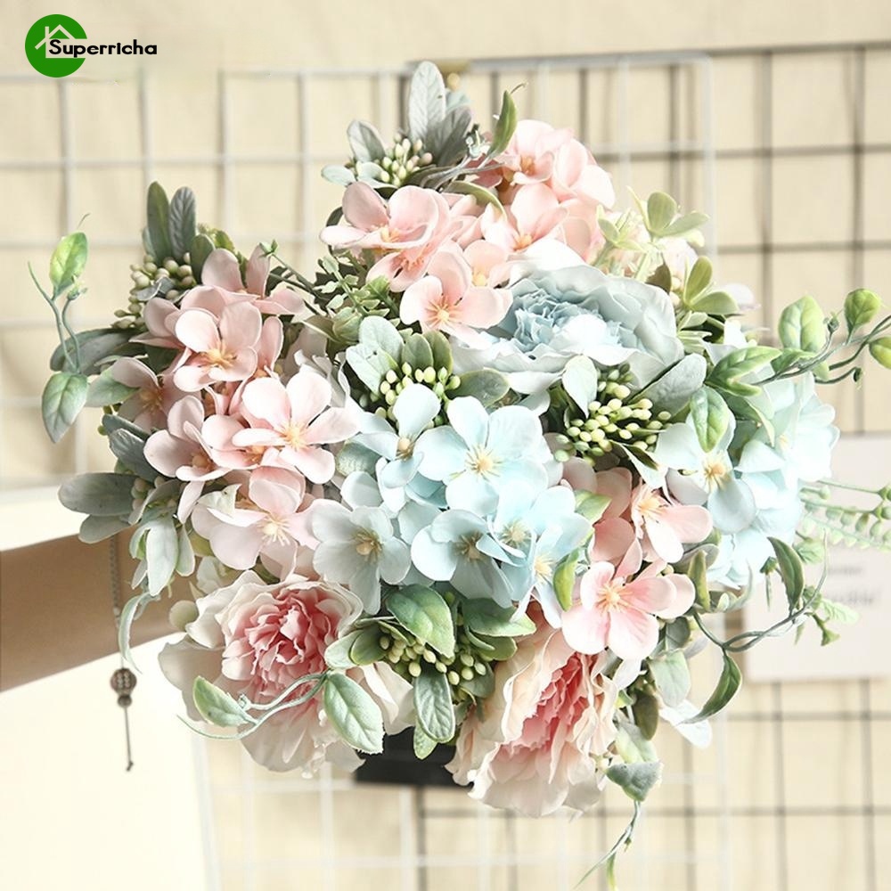 Bó hoa nhân tạo mô phỏng hoa hồng mẫu đơn trang trí nhà/ sự kiện