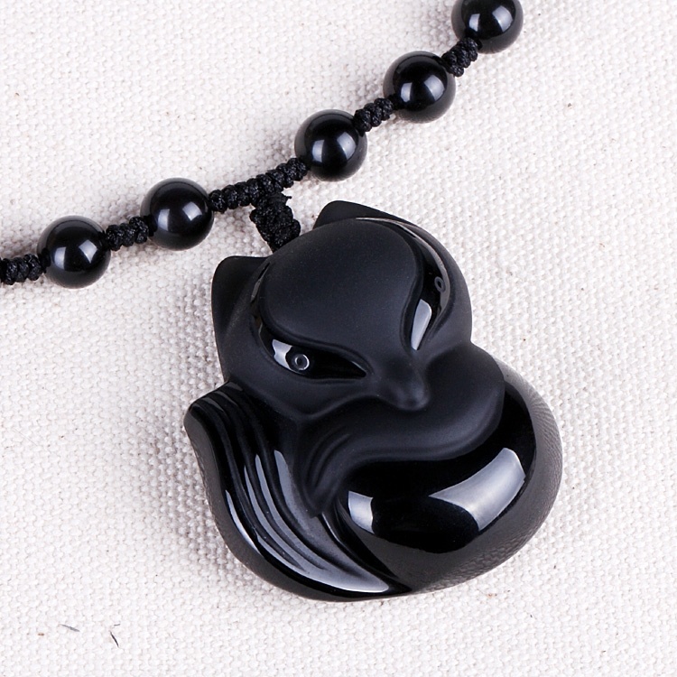 Vòng cổ Mặt Đá obsidian Tự Nhiên Hình Cáo Chín Đuôi Cho Nam Và Nữ