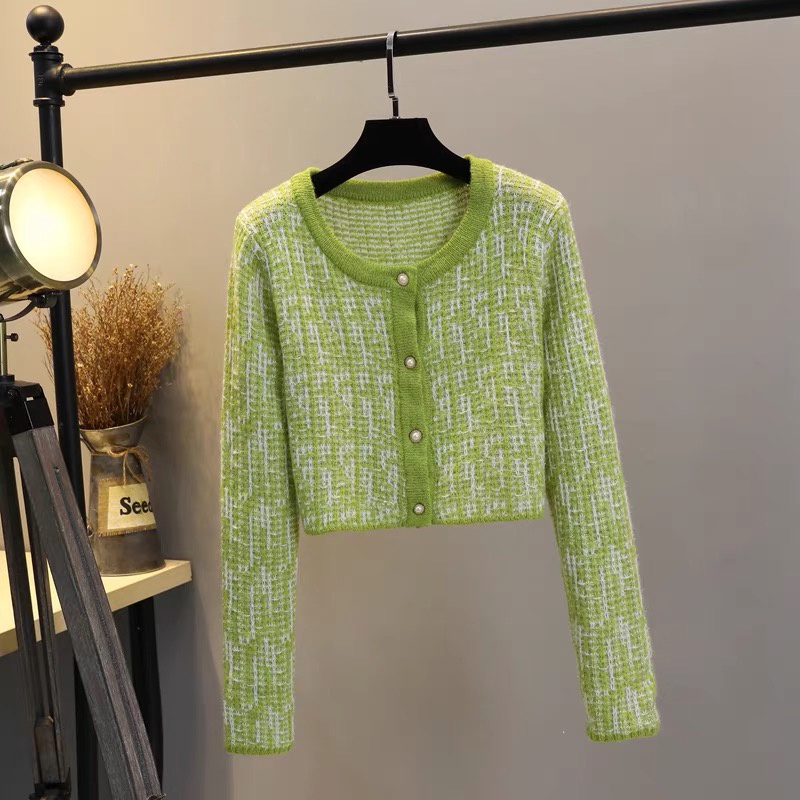Áo khoác cardigan nữ ngắn dệt kim mỏng tay dài họa tiết kẻ ô phong cách Hàn Quốc