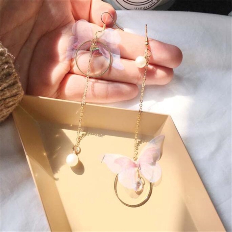 Khuyên tai hợp kim dáng dài hình bướm đính ngọc trai thời trang cho nữ