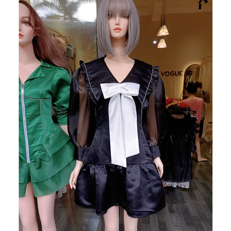 Váy đầm dáng suông chữ a đuôi cá dài tay thu đông cổ nơ to
