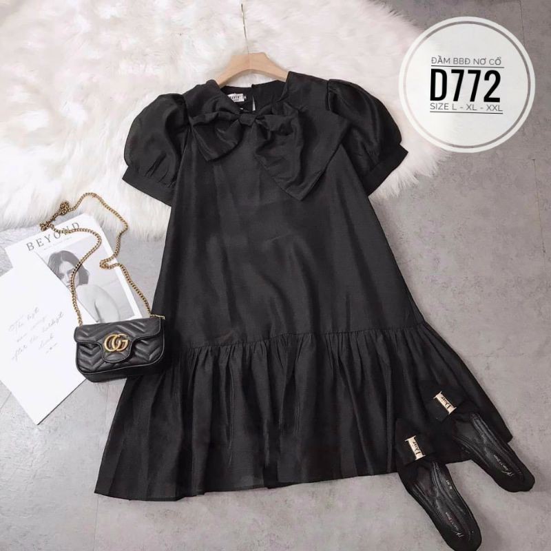 Đầm babydoll big size nơ cổ vải tơ ánh kim từ 60kg-90kg