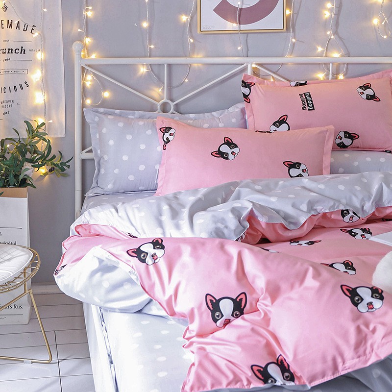 Bộ chăn ga gối cotton poly chó hồng