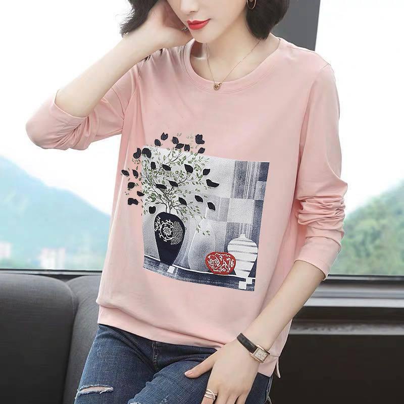 Áo thun tay dài cổ tròn in họa tiết thời trang cho phụ nữ trung niên