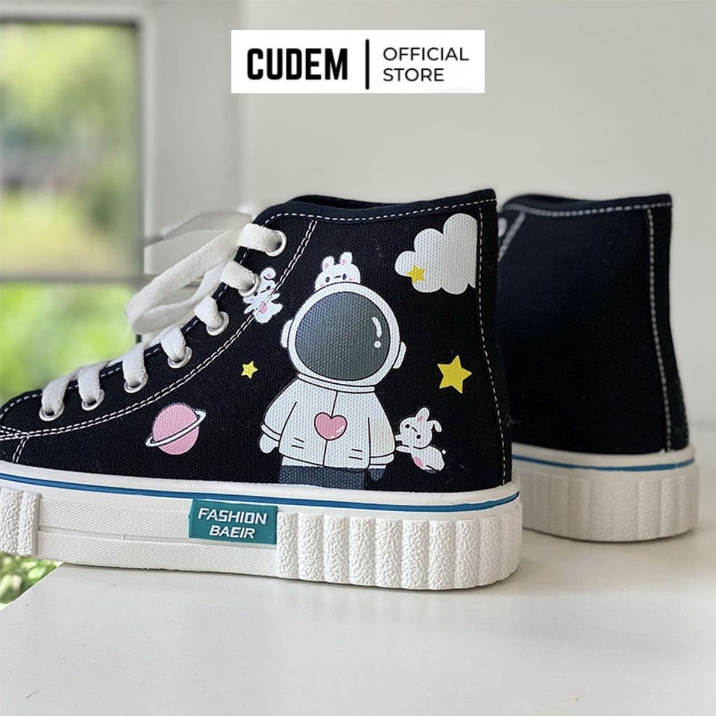 Giày thể thao nữ cổ cao in hình phi hành gia, giày thể thao bata học sinh vải Canvas S18