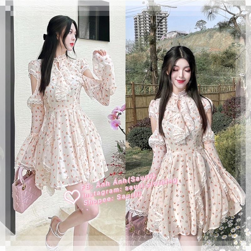 SẴN🖤Đầm công chúa voan hoa nhí xoè ulzzang retro vintage|Váy bánh bèo khoét vai cổ trụ pha ren Đầm dễ thương cho nữ - H