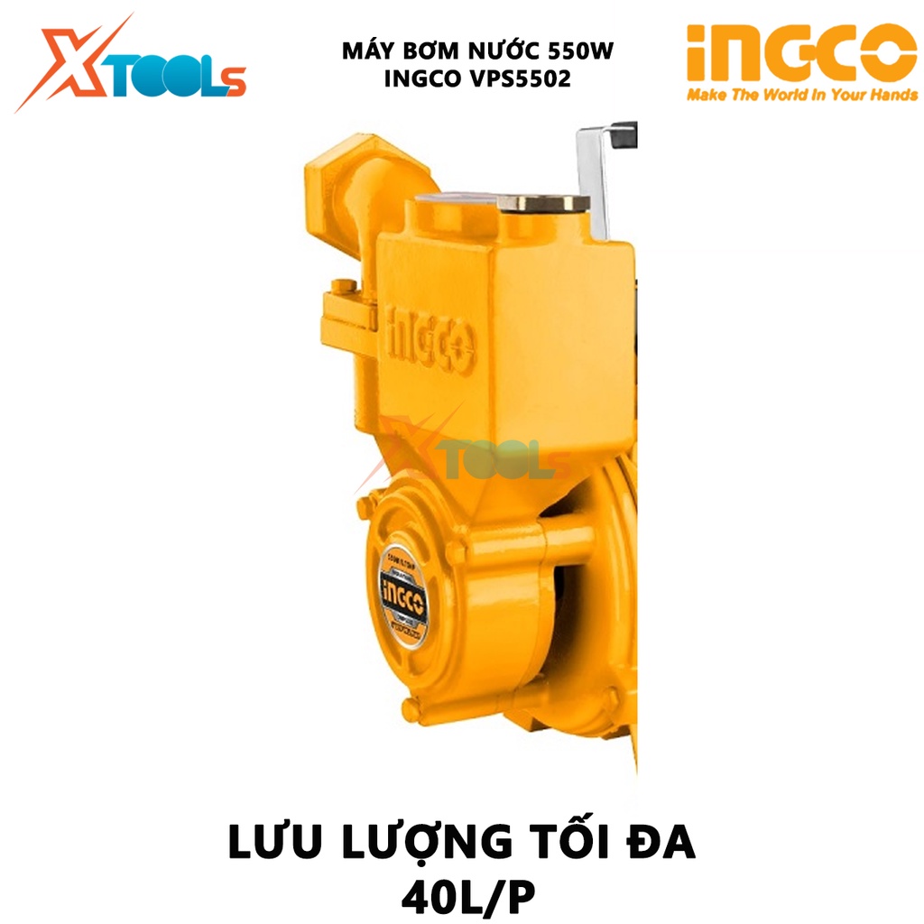 Máy bơm nước INGCO VPS5502 máy bơm tăng áp 550W(0.75HP), chiều cao bơm 40m, độ hút sâu 8m, mô tơ dây đồng tăng áp lực đư