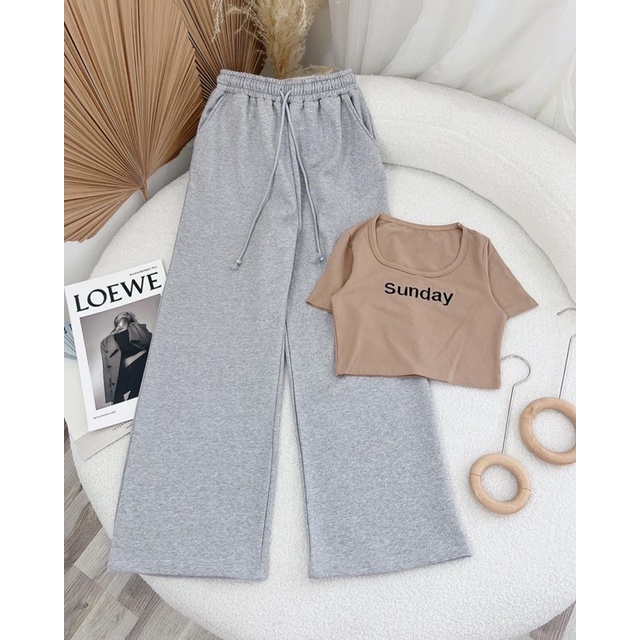 SET QUẦN SUÔNG XÁM ÁO CROPTOP THÊU SUNDAY