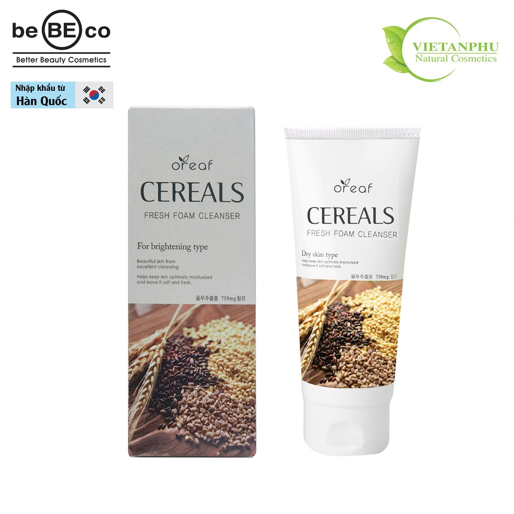 Sữa rửa mặt chiết xuất Lúa Mạch BEBECO Hàn Quốc 150ml OREAF CEREALS FRESH FOAM CLEANSER