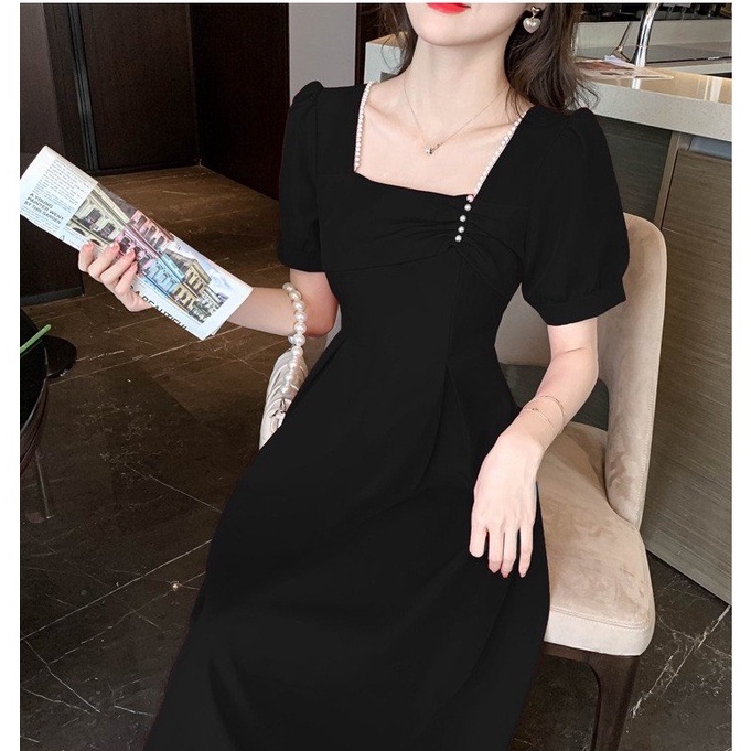 Đầm Váy Thiết Kế Đi Tiệc MAIHOUSE Nhún Ngực Cổ Vuông Tay Phồng Dáng Xoè Chất Cotton Màu Đen , Xanh , Đỏ - D2408