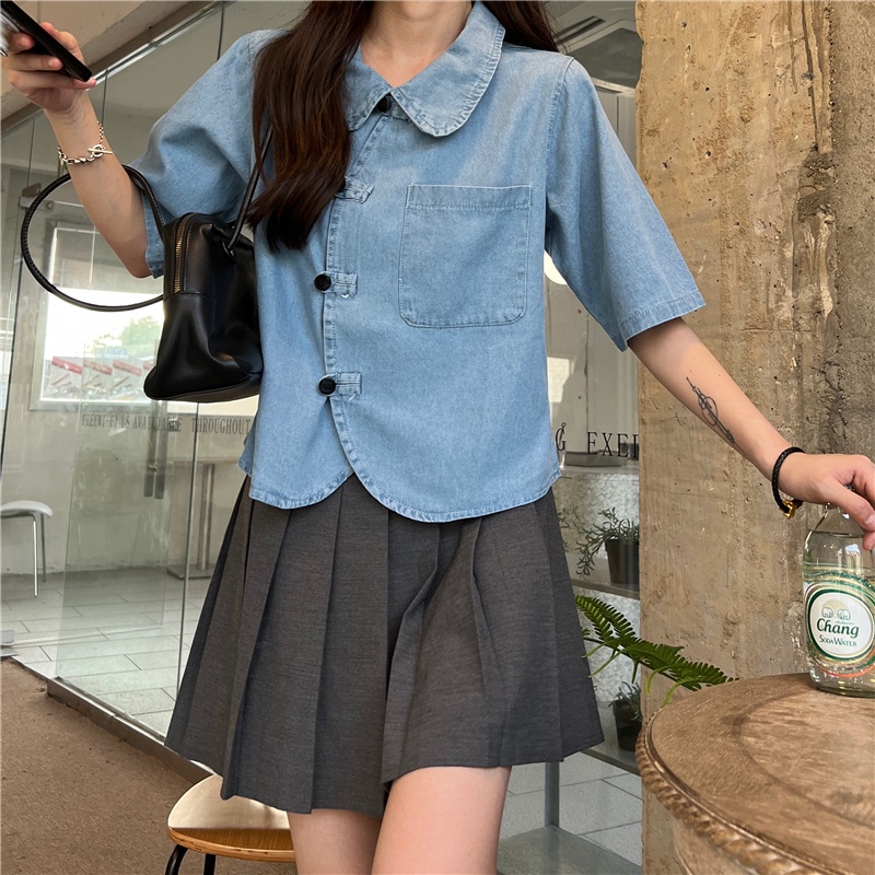 Áo Sơ Mi denim Tay Ngắn Dáng Rộng Phong Cách Hàn Quốc Cổ Điển Thời Trang Cho Nữ
