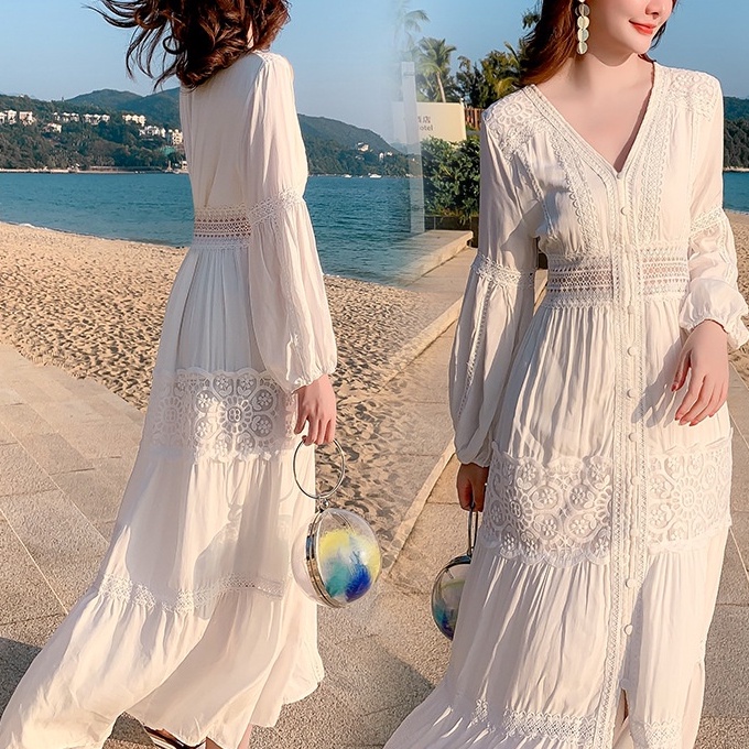(Sẵn) Đầm maxi trắng tay dài đi biển phối ren ngực eo cổ V đi biển, tiểu thư sống ảo SAVVY Dress NL0165
