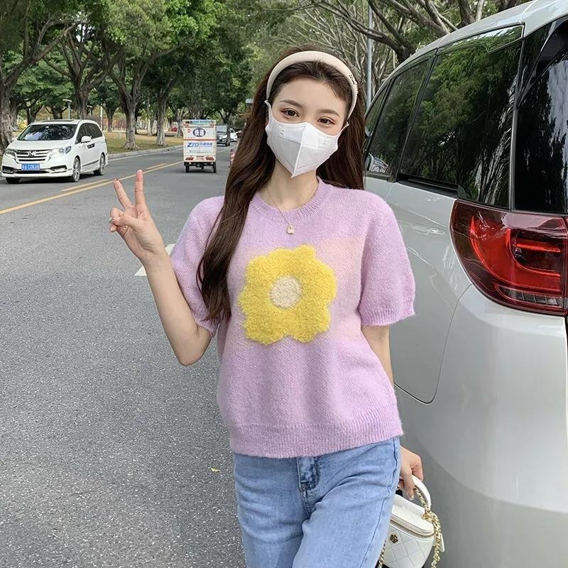 Áo sweater ZHELIHANGFEI ngắn tay cổ tròn thêu hoa phong cách Hàn Quốc