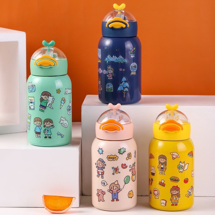 Bình đựng nước hình thú vịt siêu ngộ nghĩnh dễ thương cho bé - Bình nước inox giữ nhiệt kèm sticker