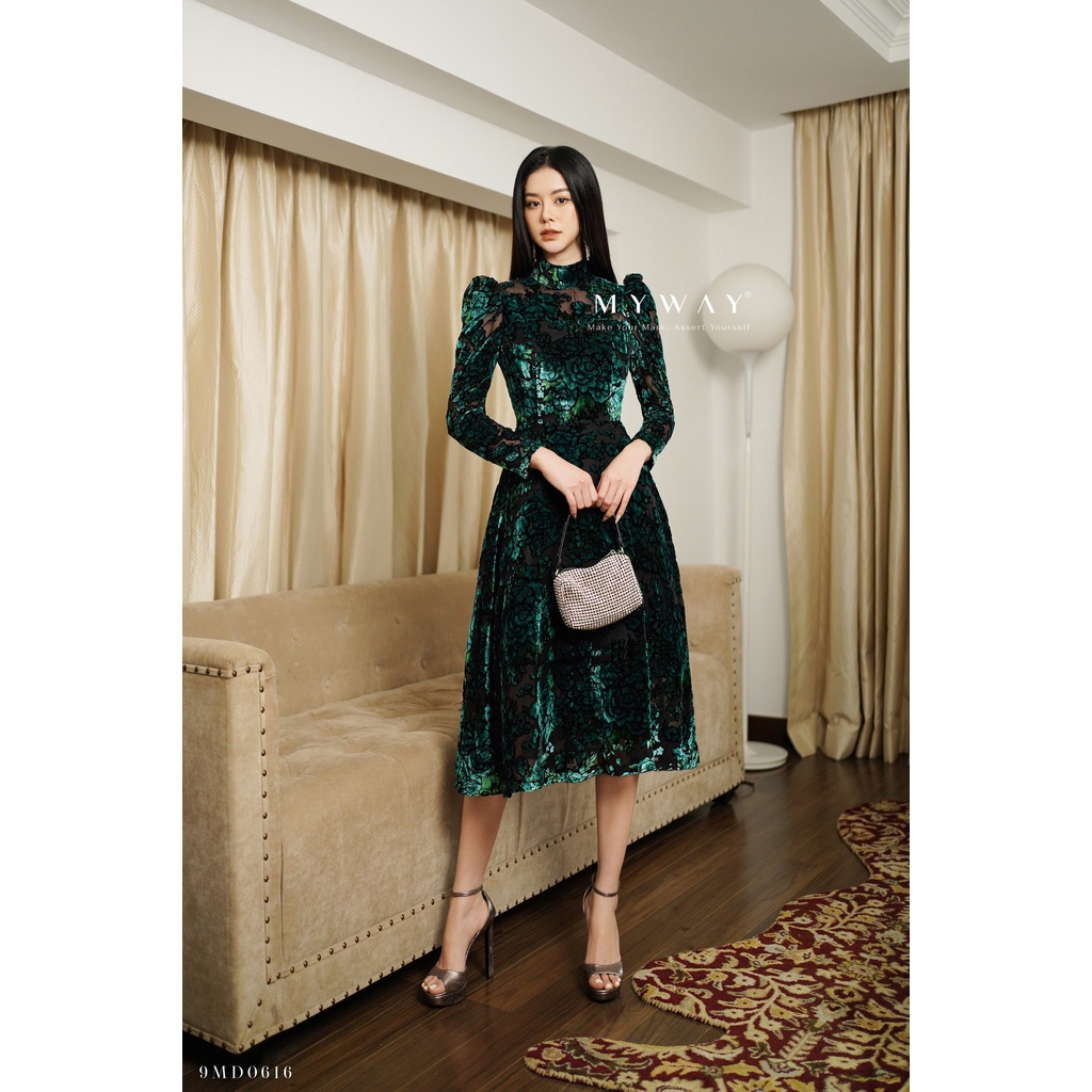 Đầm Nhung Nữ Dự Tiệc MY WAY Dài Tay Dáng Xòe Sang Trọng 9md0616