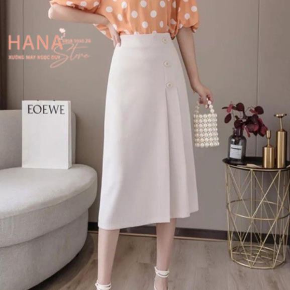 Chân váy công sở dài qua gối dáng chữ A xếp ly bản to khóa sau phối 3 cúc - Màu đen trắng nâu - Vải dày mặc đi tiệc biển | BigBuy360 - bigbuy360.vn