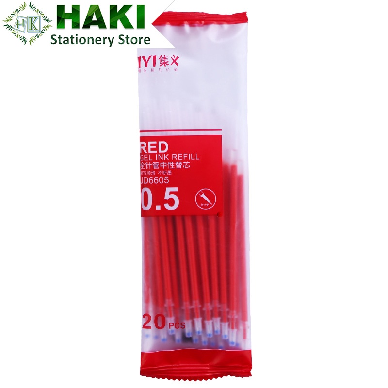 Ngòi bút bi mực gel 0.5mm HAKI túi 20 ruột bút màu đen đỏ xanh giá rẻ