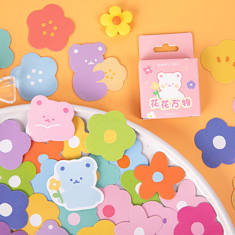 Hộp 46 chiếc sticker GẤU HỒNG VÀ NHỮNG BÔNG HOA XINH XẮN dễ thương dùng trang trí sổ Bullet Journal, Scrapbook - Tanpopo