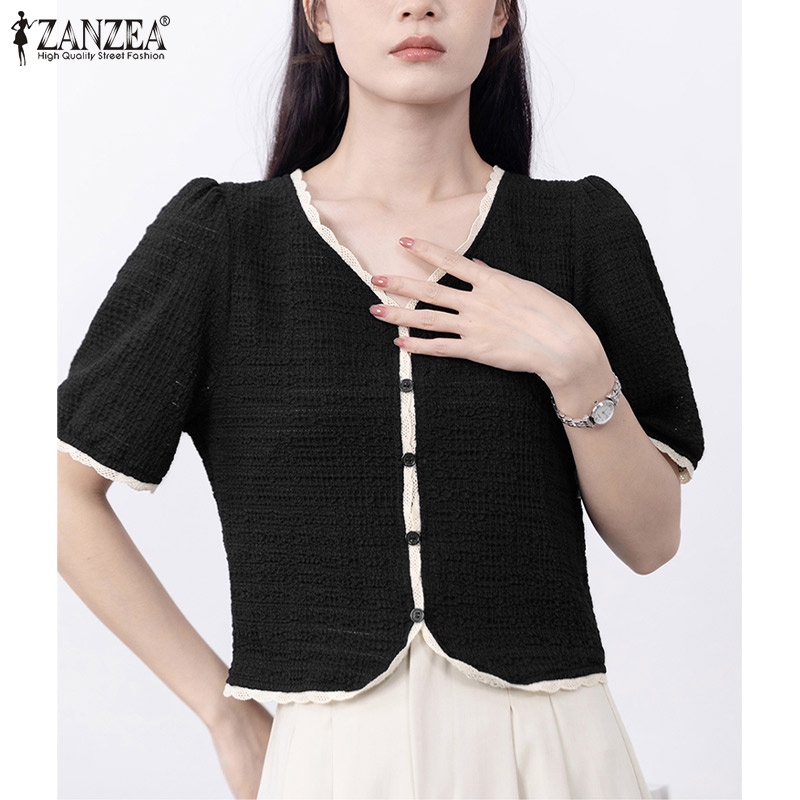 Áo ZANZEA tay phồng cổ chữ V màu tương phản phối viền ren có nút cài phong cách Hàn Quốc ngọt ngào cho nữ