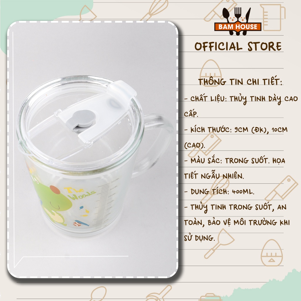 Ly thuỷ tinh Bam House có nắp đậy ron cao su và vạch định lượng tặng kèm ống hút cao cấp LCS01