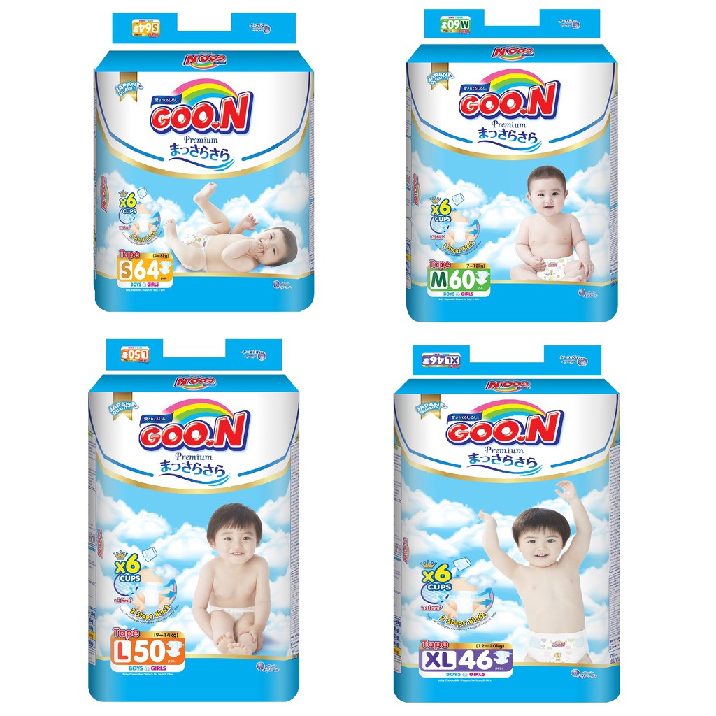 Bỉm Goon Premium Đại Quần M56/L46/XL42/XXL36/XXXL26 Dán NB70/S64/M60/L50/XL56