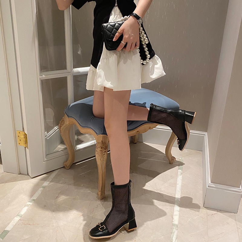 2021Summer Hot Hollow Mesh Black and White Dr. Martens Boots Chunky Heel Mid Heel Square Toe High Heel Ankle Boots Sandal Boots Mesh Boots Women