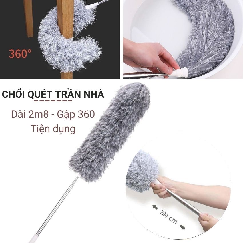 Chổi quét trần nhà lau mạng nhện quét tường cây phất trần nhà thông minh 360 đa năng cán dài inox 2m8 gấp gọn Angola