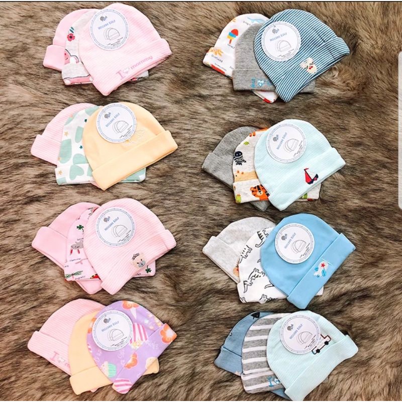 Set 3 Chiếc Mũ Nỉ Cotton 2 Lớp Nhiều Mẫu Cho Bé 0-6 Tháng
