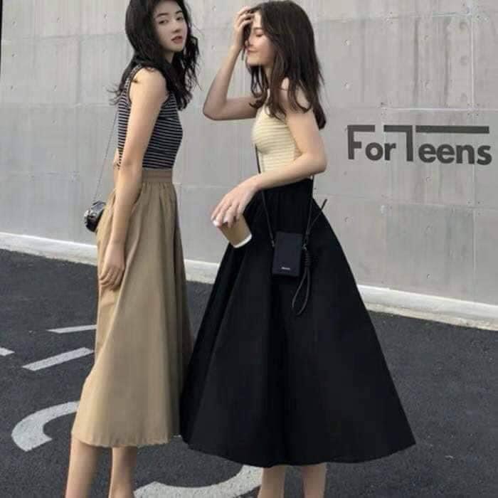 Chân Váy Dáng Dài Qua Gối Màu Be - BaoBao.Clothing [FREESHIP] - Váy midi suông trơn cạp cao lưng chun chât kaki Ulzzang