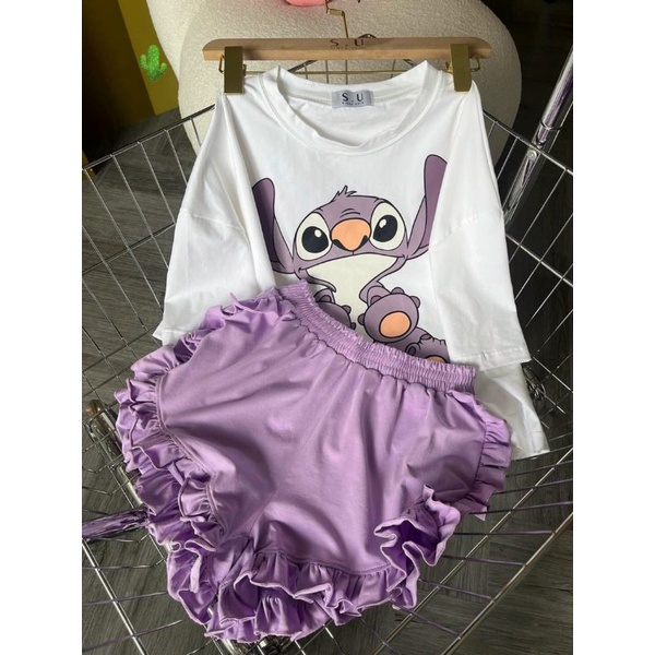 Sét bộ quần bèo TÍM kết hợp áo thun phôm rộng in hình PC