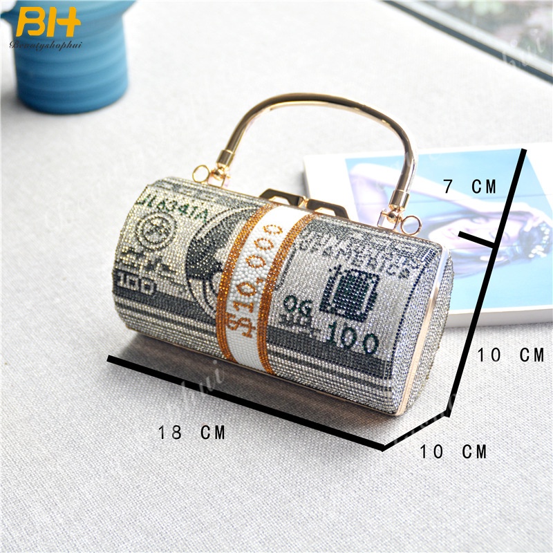 Túi Xách Đeo Vai Hình Trụ Nhỏ Đính Kim Cương Giả Thời Trang Dự Tiệc Cho Nữ
