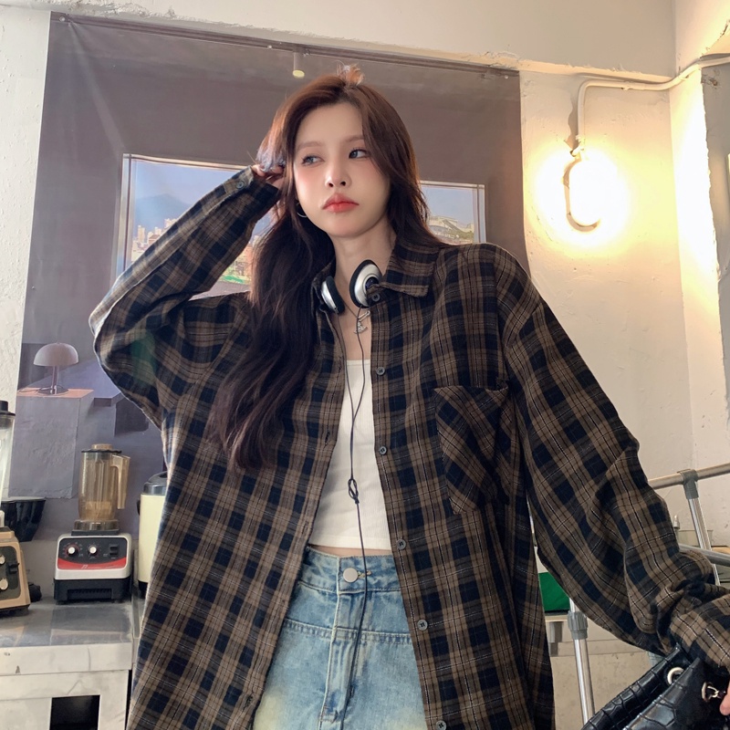 ZHELIHANGFEI Áo Sơ Mi Tay Dài Form Rộng Họa Tiết Sọc Theo Phong Cách Preppy Dễ Phối Đồ