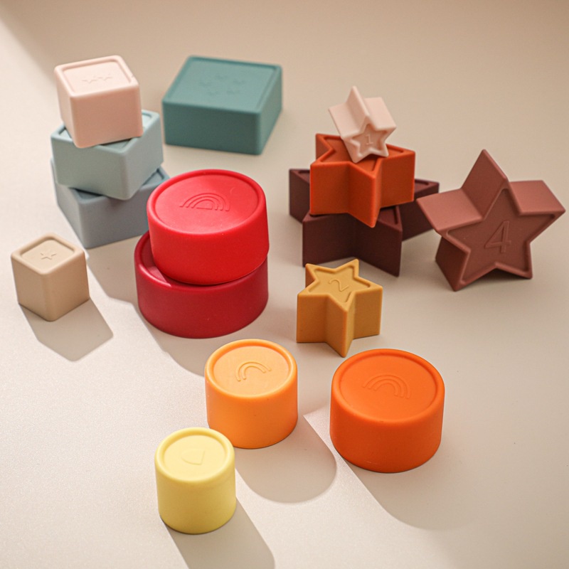 Bộ Đồ Chơi Xếp Chồng Silicon Mềm, nhận biết hình học theo phương pháp Montessori
