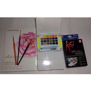 Combo sổ vẽ màu nước, màu Koi Sakura 24 màu và 3 cây cọ
