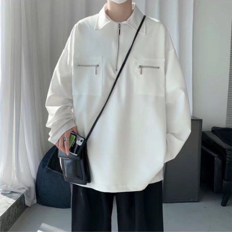 ♞AFF LIGA♞ Áo Sơ Mi Tay Dài Dáng Rộng Màu Trơn Phối Túi Đơn Giản Thời Trang Hàn Quốc Mới Cho Nam