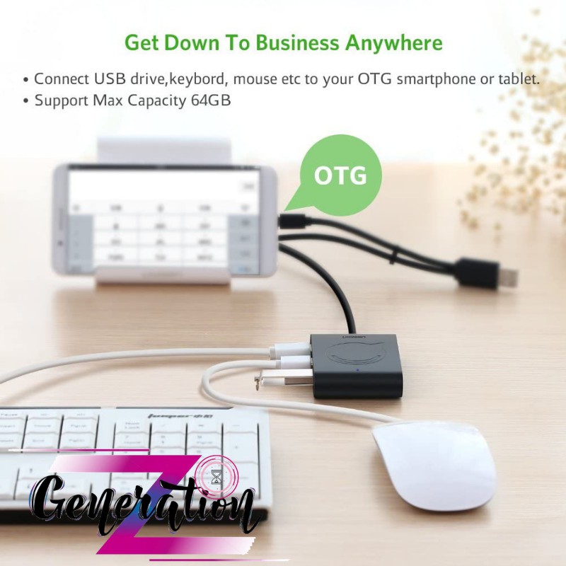 Bộ chia Hub USB 2.0 ra 3 cổng Usb 2.0 + Đầu đọc thẻ SD/TF/MS/M2 kèm nguồn Ugreen 20237