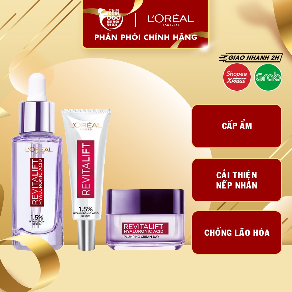 Combo L'Oreal: Cấp Ẩm, Cải Thiện Nếp Nhăn 3 Sản Phẩm (1.5% HA Serum 30ml + mini HA serum 7.5ml + Plumping Cream Day 15ml