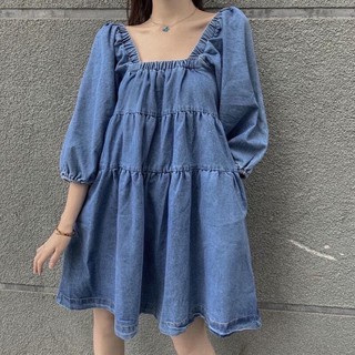 ĐẦM JEANS TAY PHỒNG CỔ U