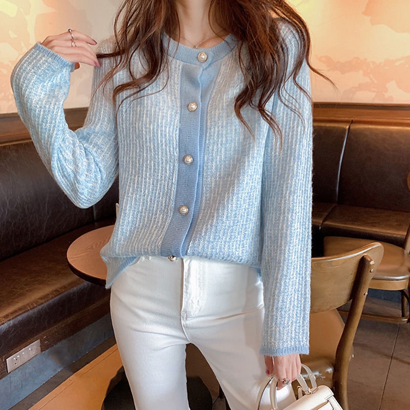 【ZHELIHANGFEI】Áo Cardigan Dệt Kim Tay Dài Cổ Tròn Thời Trang