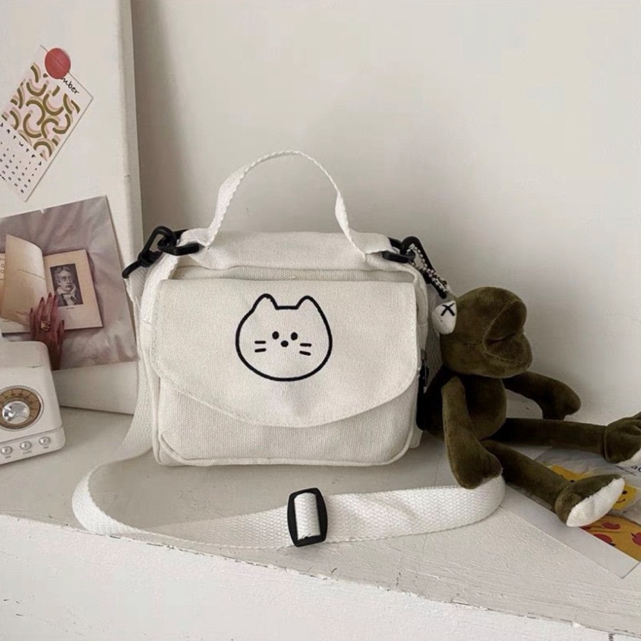Túi đeo chéo mini vải canvas in hình mặt mèo đáng yêu