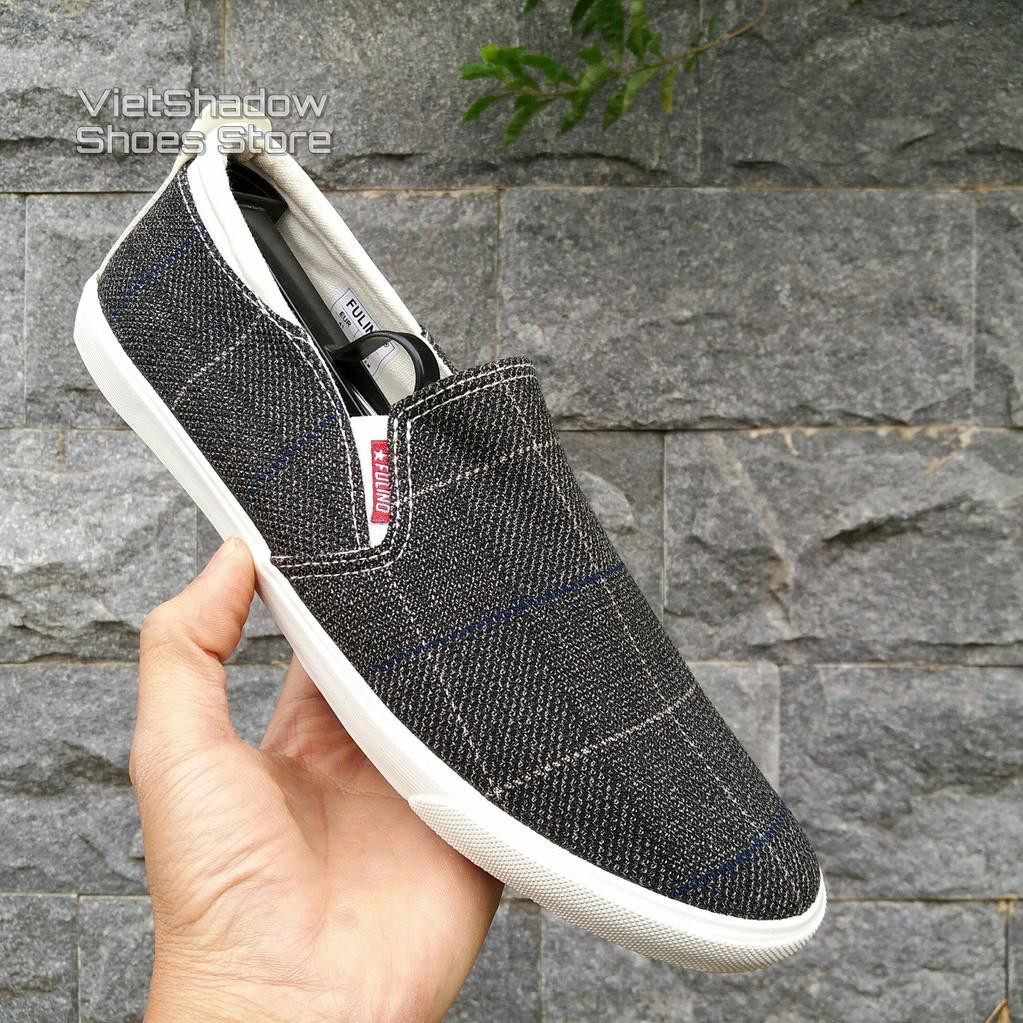 Slip on | Giày lười vải nam Made in Vietnam - Vải thô màu ghi kẻ caro - Mã SP 1822 hàng Quảng Châu