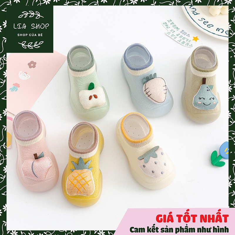 Giày tập đi cho bé, giày hoa quả, giày bún tập đi cho bé, chất len co giãn mềm mại cho bé, đế cao su chống trượt