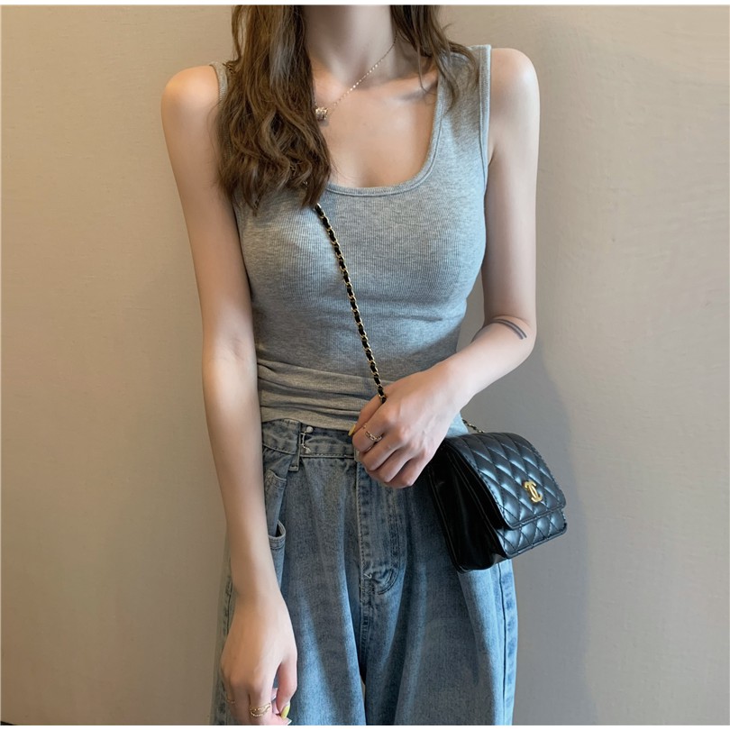 Áo croptop Xiaozhainv hai dây cổ chữ U màu trơn phong cách Hàn Quốc
