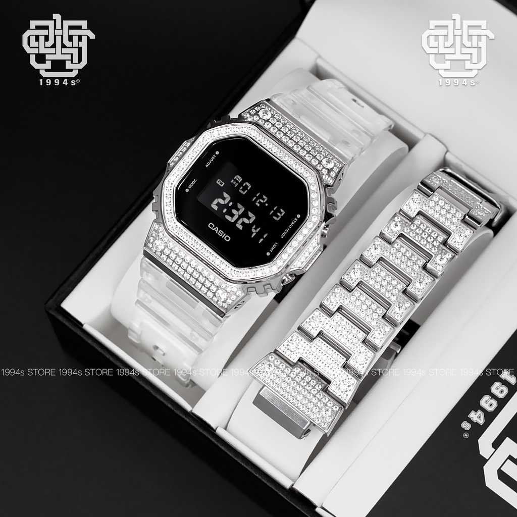 Đồng hồ nam Casio G-Shock DW-5600 custom dây &amp; vỏ thép đính đá, chống va đập, hàng chính hãng